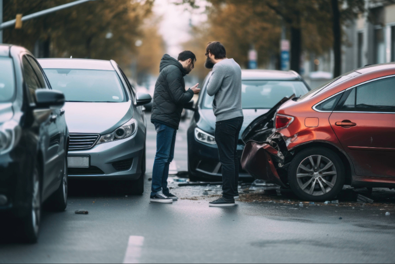Two people standing near vehicles after a collision